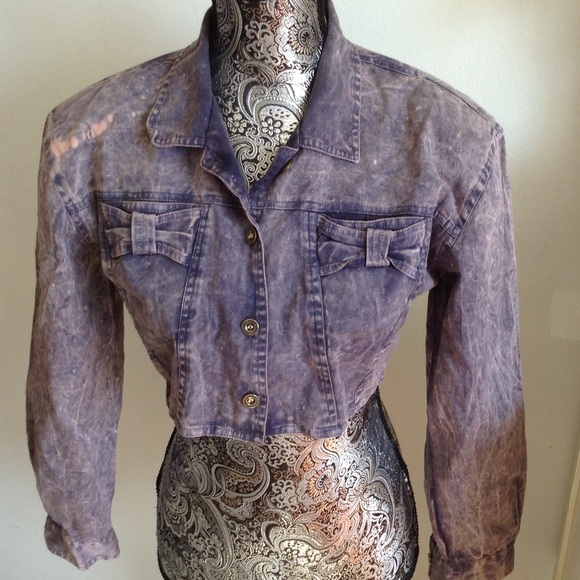 VINTAGE 80’s FIRST CLASS PURPLE/PINK ACID WASH CROP JACKET S - Picture 1 of 4